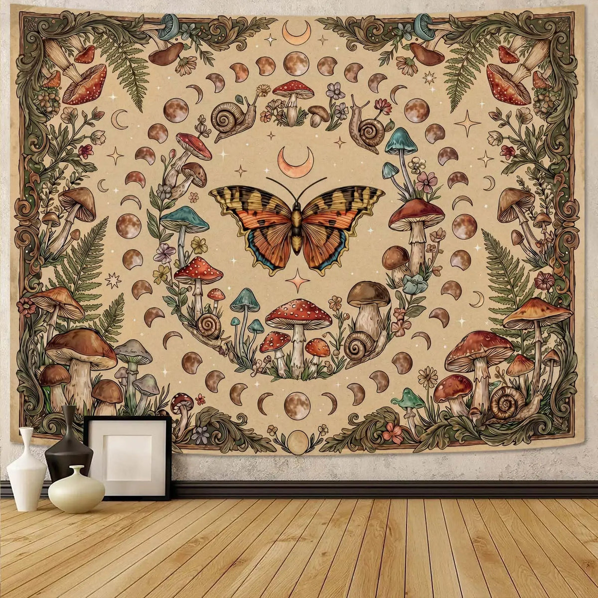 A vintage celestial tapestry featuring mushrooms, butterflies, and moons in earthy tones.