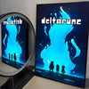 A framed poster featuring a blue, flame-like silhouette of a character and the Deltarune logo.