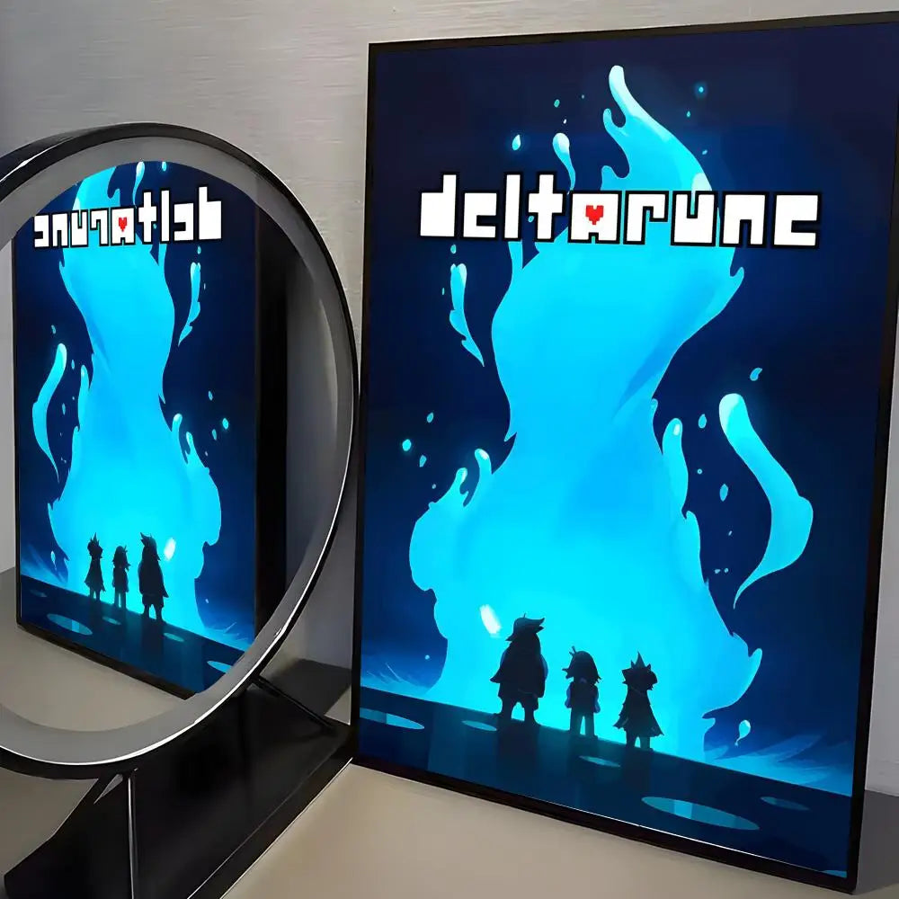 A framed poster featuring a blue, flame-like silhouette of a character and the Deltarune logo.