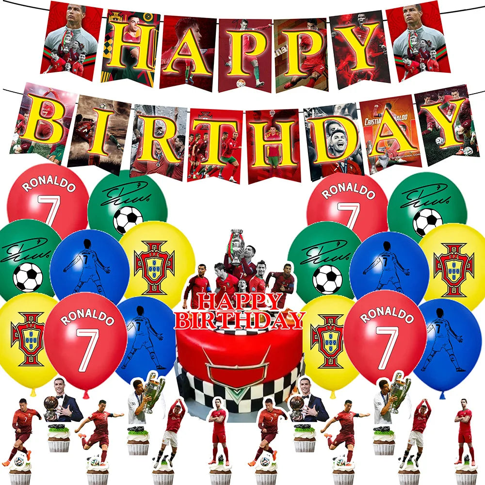 A kit for a soccer birthday party featuring Cristiano Ronaldo themed decorations and accessories.