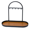 Black wrought iron desk organizer rack with a leather tray for holding pens and supplies