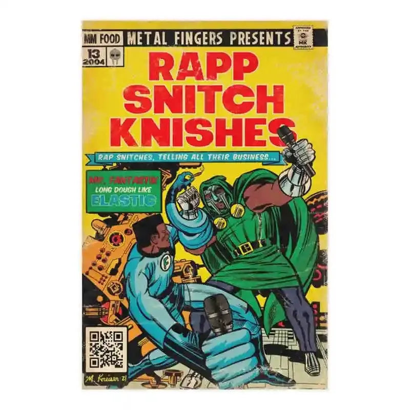 A vintage hip-hop canvas art poster featuring the title RAPP SNITCH KNISHES in bright yellow and red text.
