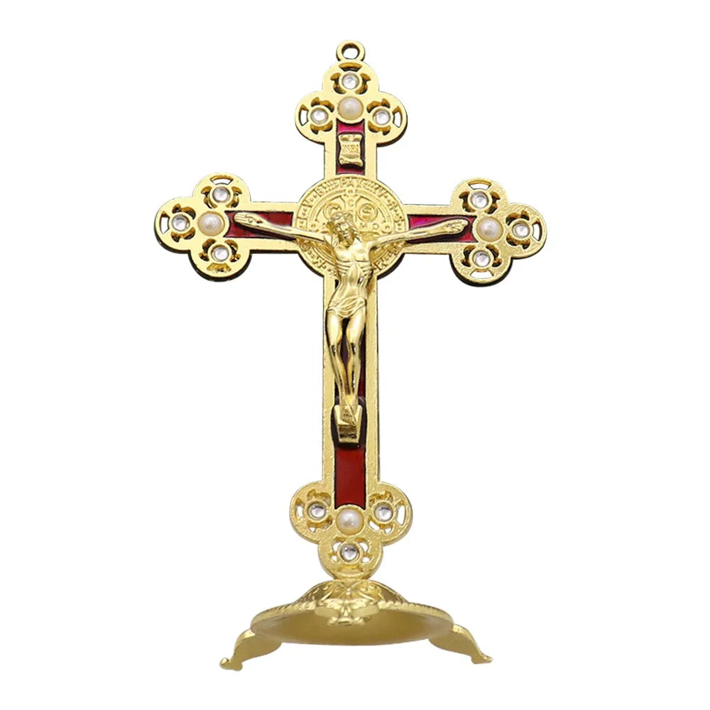 Golden Crucifix Figurine with Enamel Accents