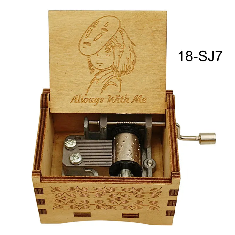 A wooden music box featuring a character design and a metal mechanism, labeled 18-SJ7.