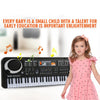 A young girl is standing next to a black electronic piano keyboard with a microphone, promoting early education.