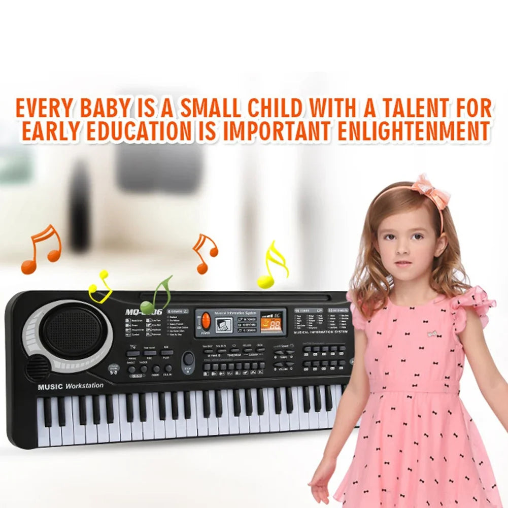 A young girl is standing next to a black electronic piano keyboard with a microphone, promoting early education.