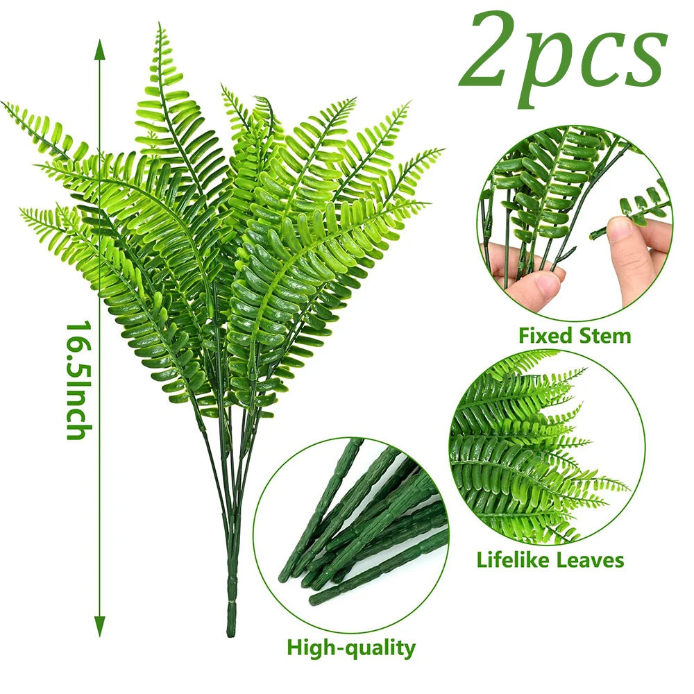 Two artificial Boston fern bushes with green leaves and fixed stems shown in various views.