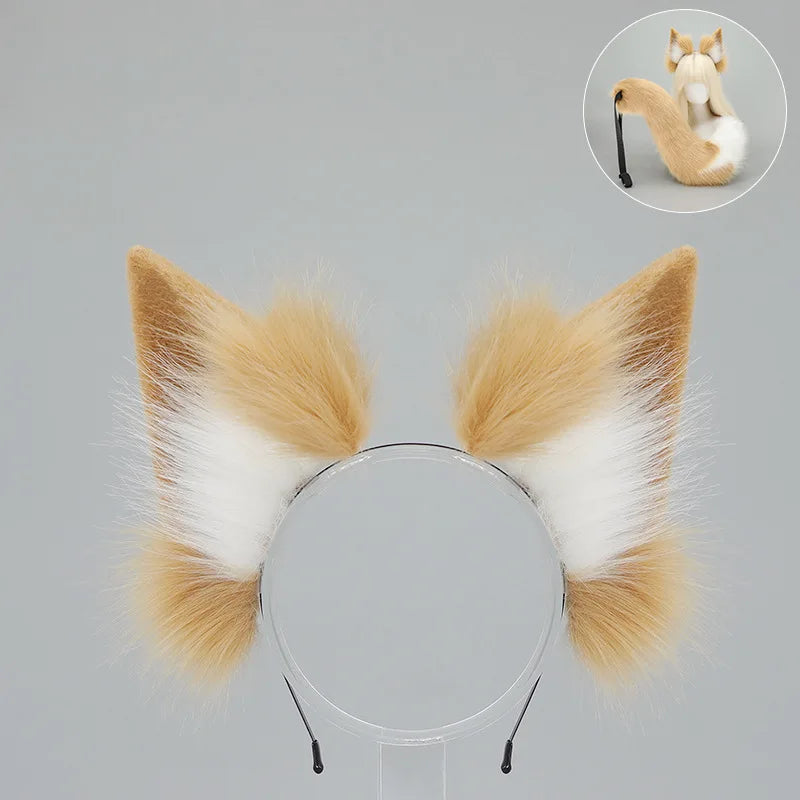 A set of faux fur fox tail and ear costume pieces in shades of tan and white.