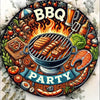 Décor de panneau vintage avec illustration circulaire de nourriture BBQ et thème de fête.