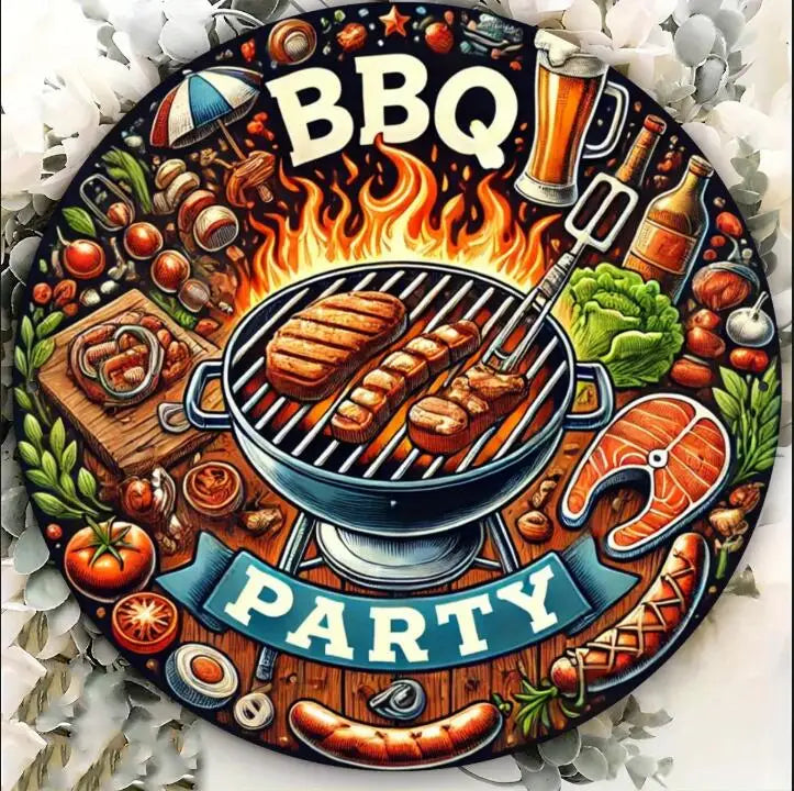 Décor de panneau vintage avec illustration circulaire de nourriture BBQ et thème de fête.