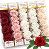 A collection of artificial foam rose flowers in various shades of pink and red displayed in packaging.