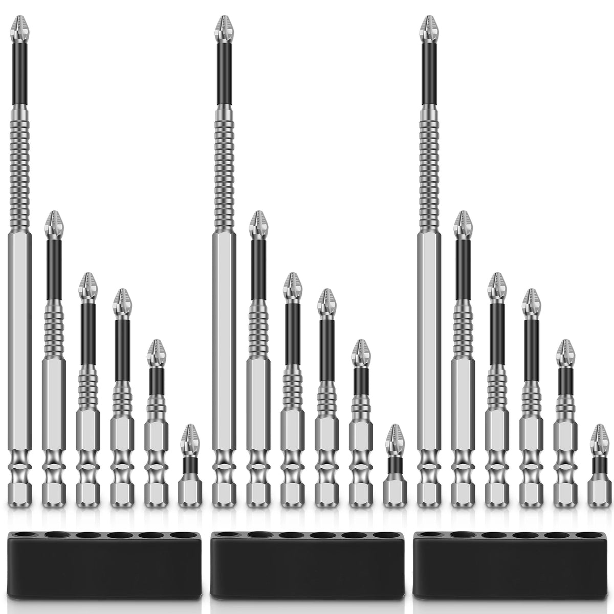 A set of impact screwdriver bits and drivers displayed vertically in a black holder.