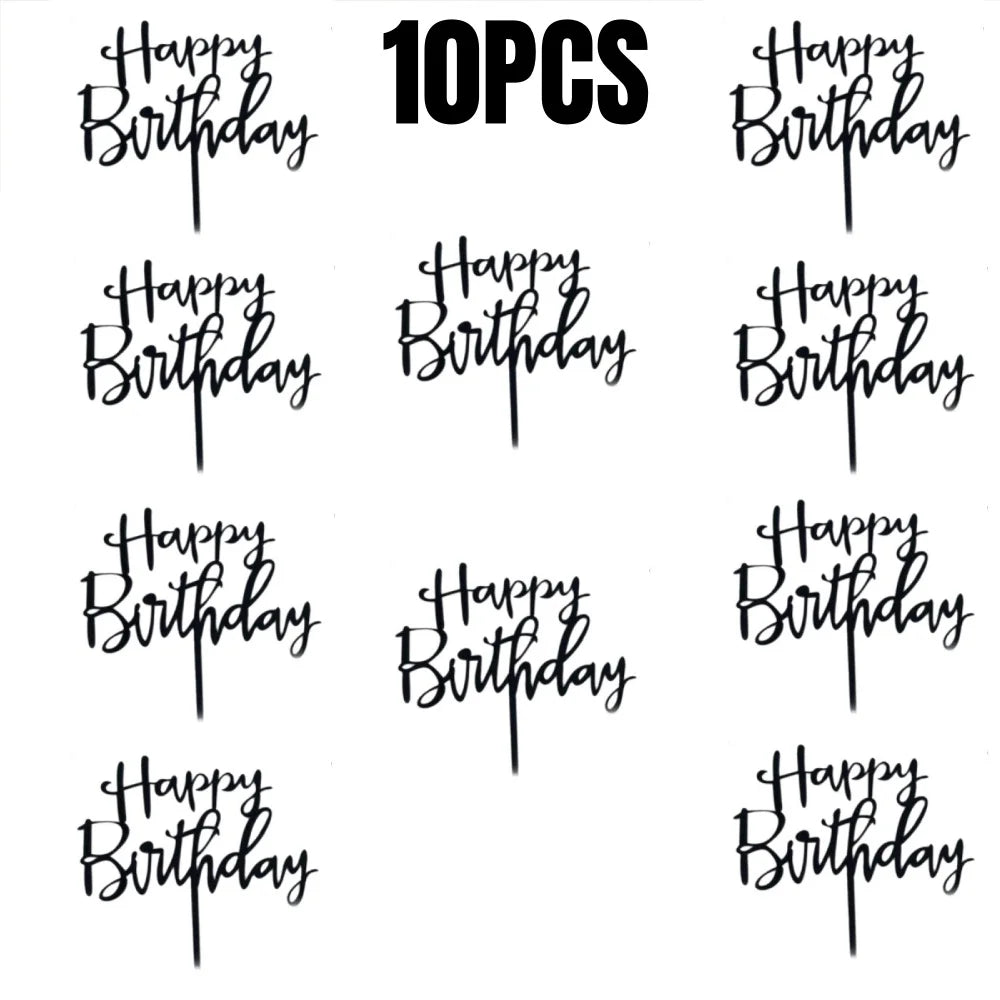 A collection of black acrylic cake topper letters spelling out Happy Birthday, repeated multiple times.