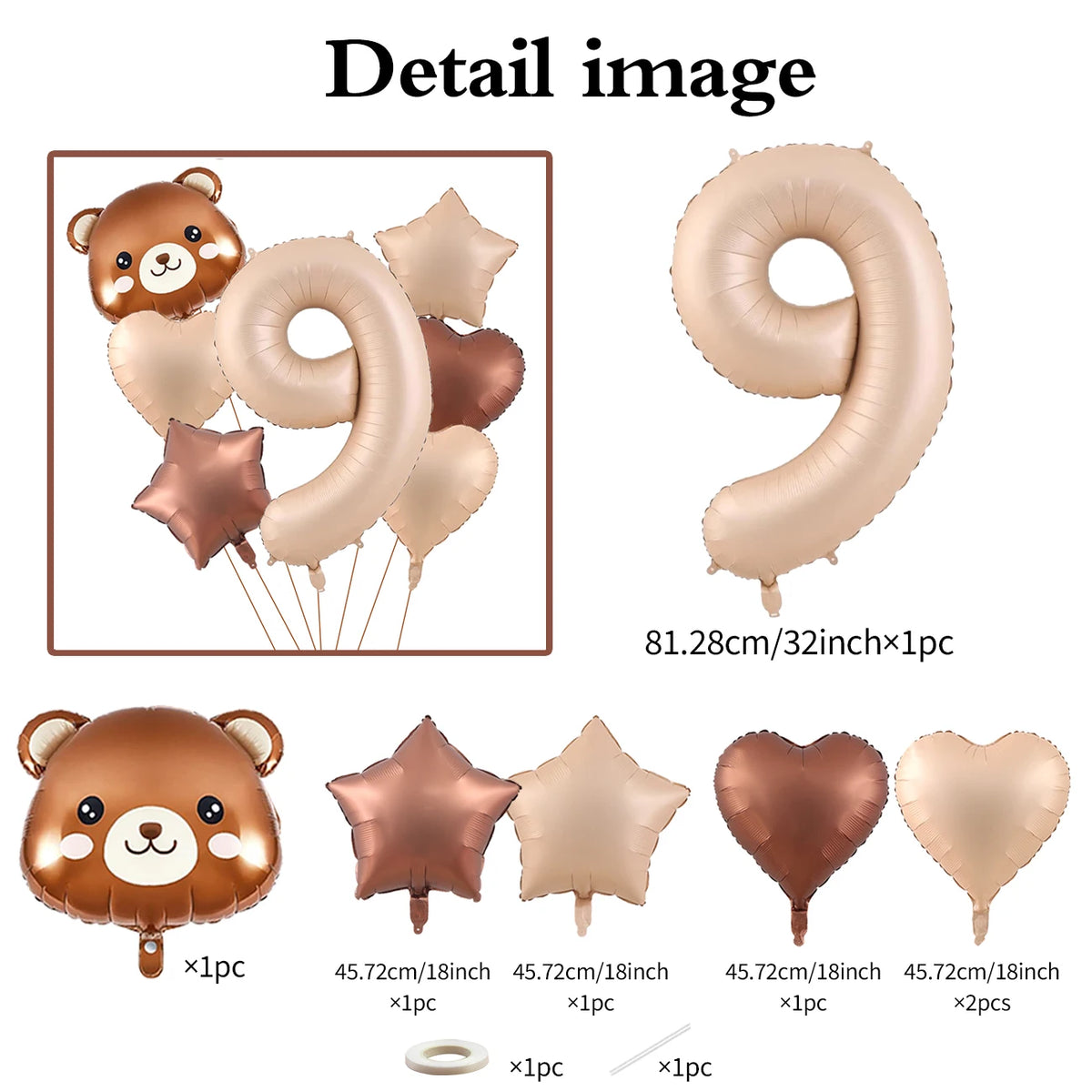 A set of foil balloons featuring a bear design and the number nine in caramel color.