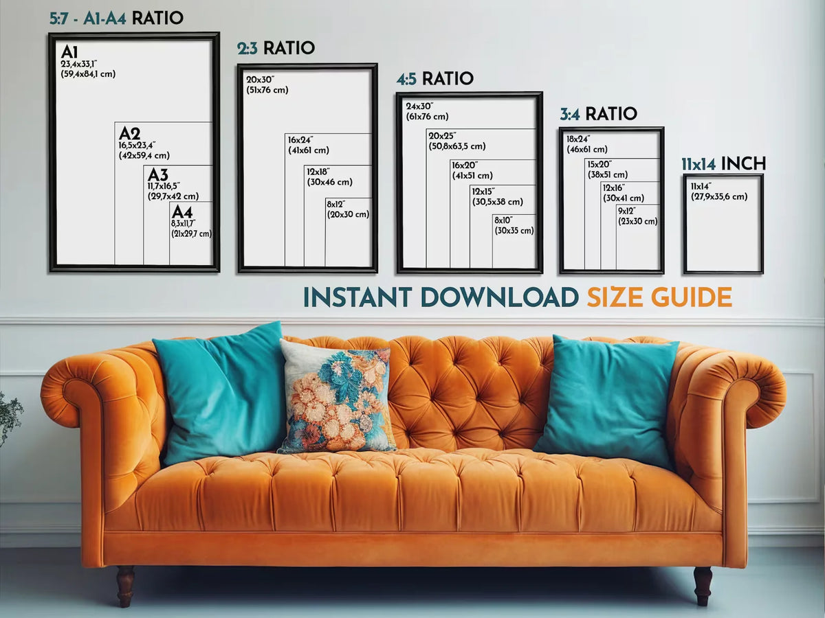 A collection of framed wall art featuring various aspect ratios like 5:7, 2:3, 4:5, and 3:4 in different sizes.