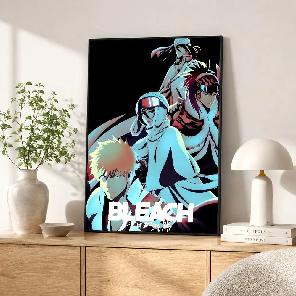 A dark framed poster featuring characters from the anime Bleach in a dynamic, stylized illustration.