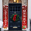 A dark door decorated with festive red and white Christmas banners featuring snowflakes and holiday greenery.