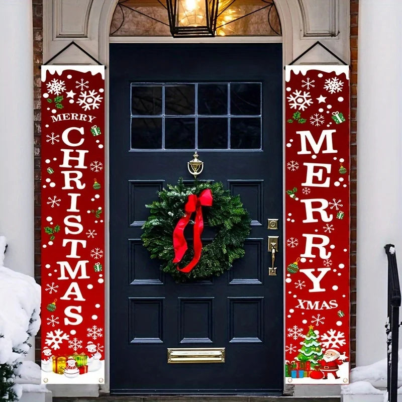 A dark door decorated with festive red and white Christmas banners featuring snowflakes and holiday greenery.