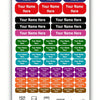 A grid of waterproof customizable name tags featuring various icons for washing, freezing, dishwashing, microwaving, and outd