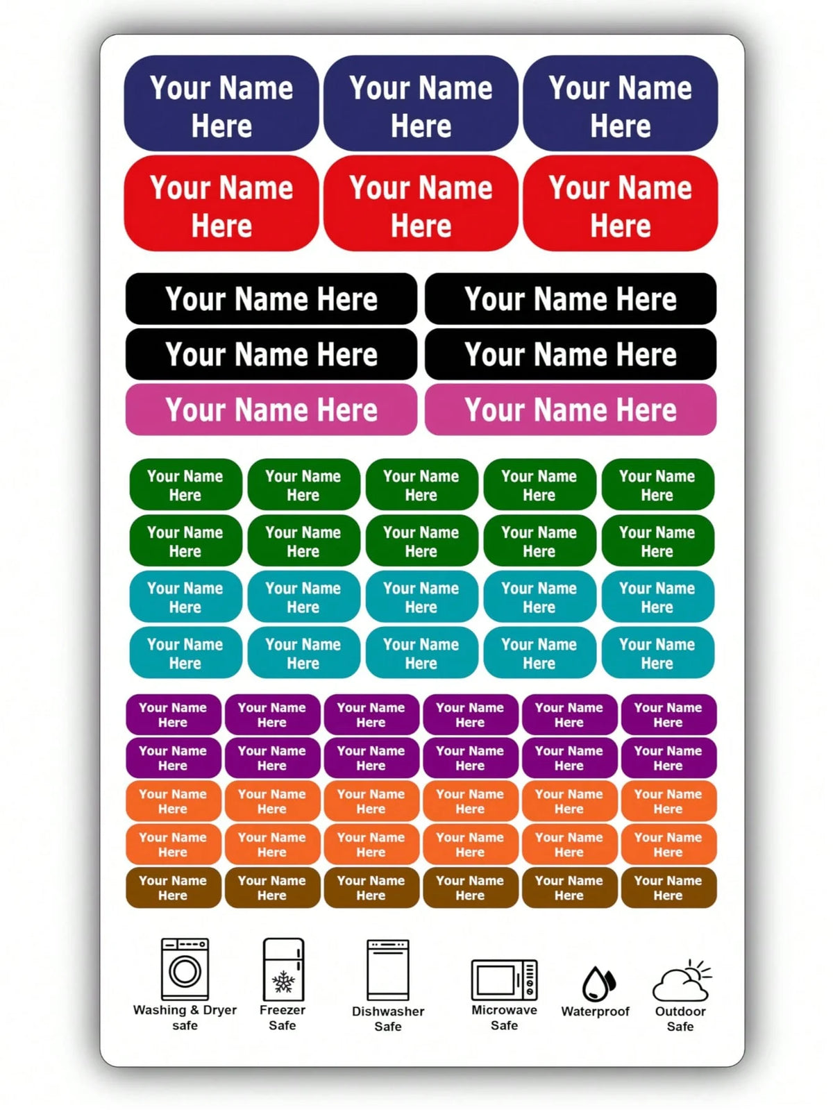 A grid of waterproof customizable name tags featuring various icons for washing, freezing, dishwashing, microwaving, and outd