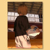 A person with brown hair is shown from the back wearing a dark shirt and light skirt in an indoor setting.