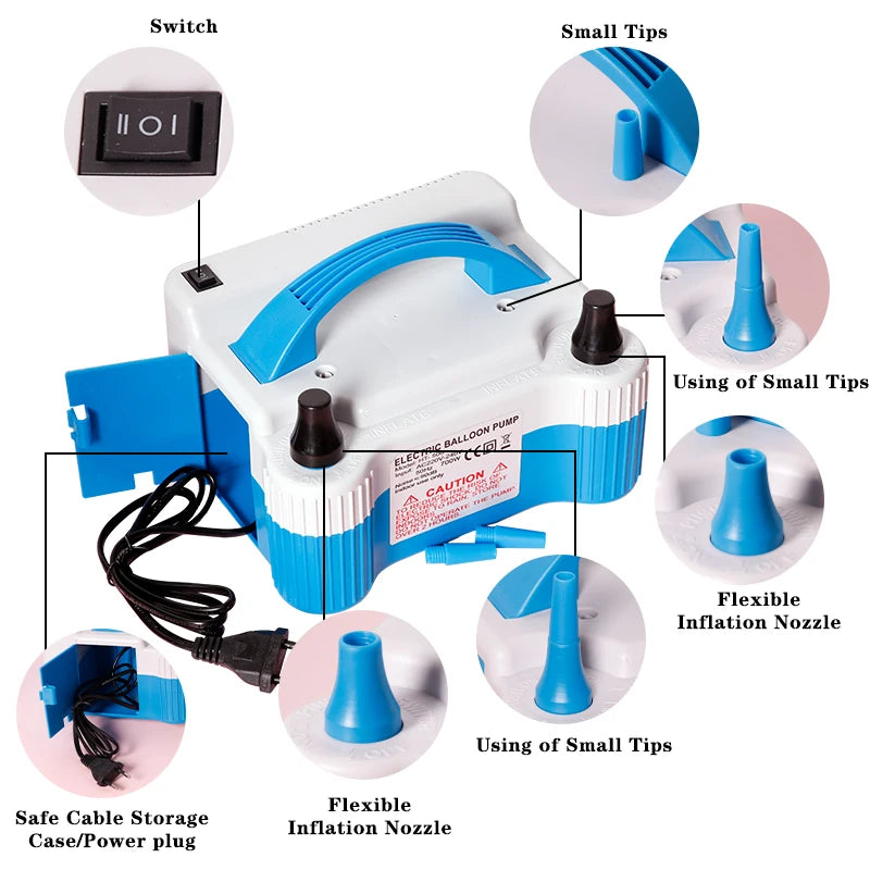 An electric balloon air pump inflator showing various components including a switch, small tips, and flexible inflation nozzl