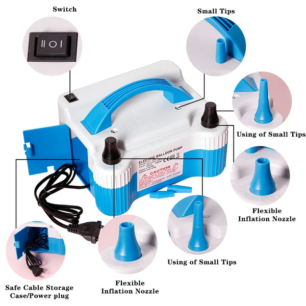 An electric balloon air pump inflator showing various components including a switch, flexible nozzles, and a safe cable stora