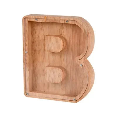 Wooden alphabet letter B piggy bank coin box for kids in light wood tone