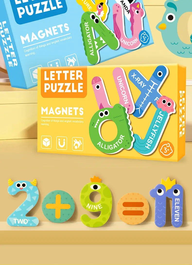 A yellow box of letter and number magnetic puzzles featuring animals like an alligator, unicorn, and jellyfish.