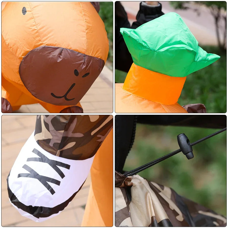 An inflatable capybara costume for adults, featuring brown and orange colors, shown in various close-up shots.