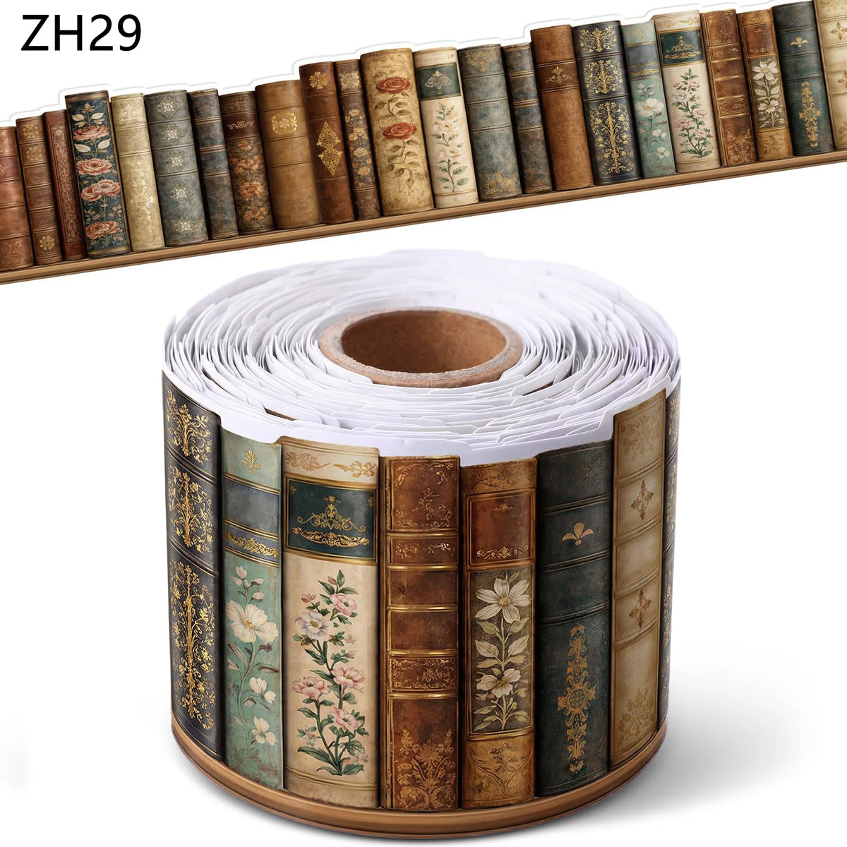 A roll of decorative book spines featuring floral and antique designs for a bookshelf border.