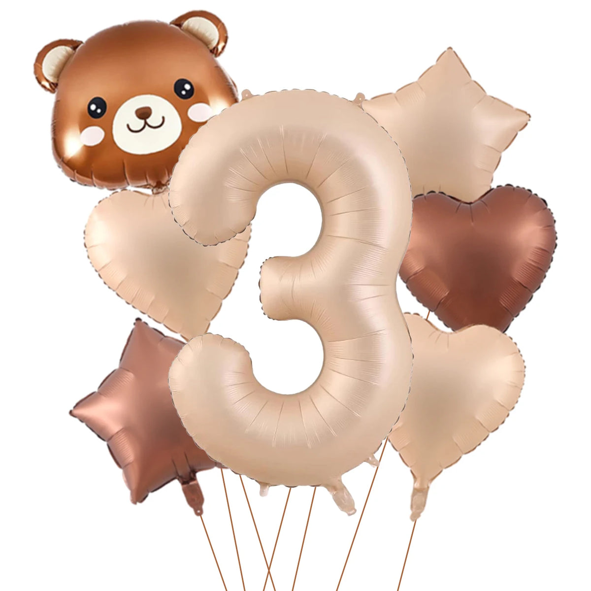 A set of foil balloons shaped like a cute bear and the number three in caramel and gold colors.