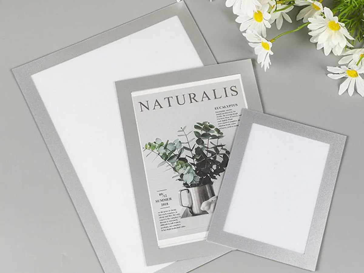 A set of three silver-framed picture frames displaying nature and floral imagery on a gray background.