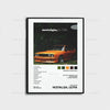 A print titled Nostalgia Ultra featuring a vintage orange car on a dark green background.