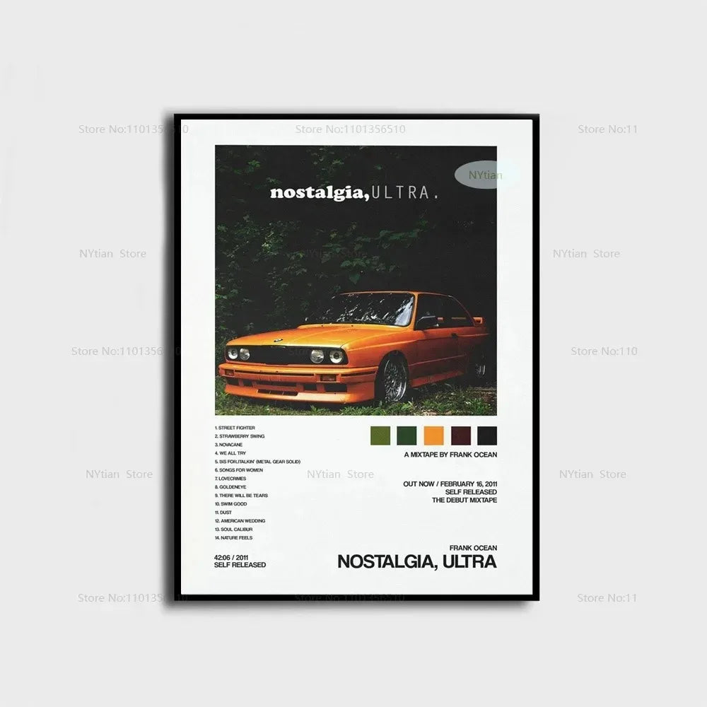 A print titled Nostalgia Ultra featuring a vintage orange car on a dark green background.