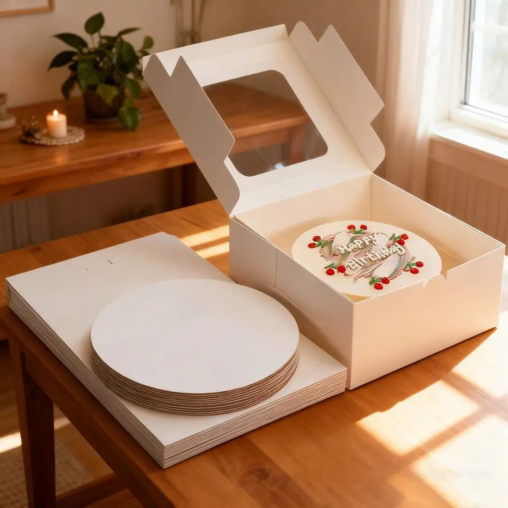 A white cardboard box with a lid is open, displaying a round cake board and several stacked round cake boards on a wooden tab