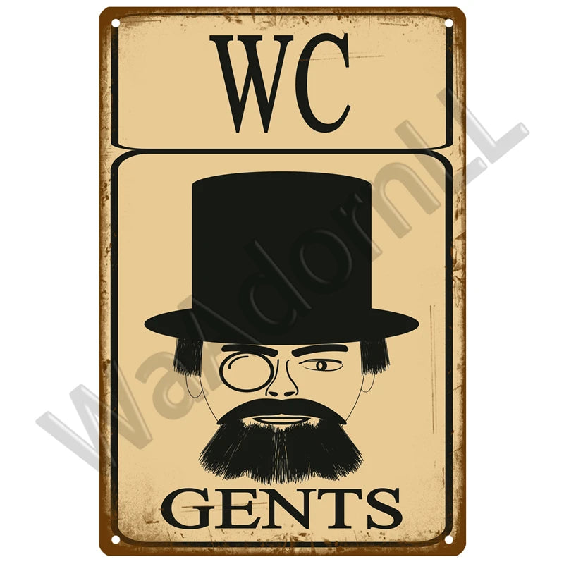 Vintage metal sign featuring the initials WC and a portrait of a man with a beard, labeled GENTS.
