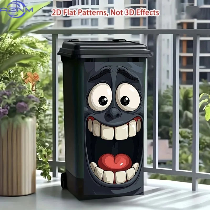Poubelle noire décorée d'un visage de dessin animé amusant avec la bouche ouverte et les dents.