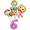 A set of colorful cartoon Cocomelon watermelon foil balloons featuring characters and fruit designs.
