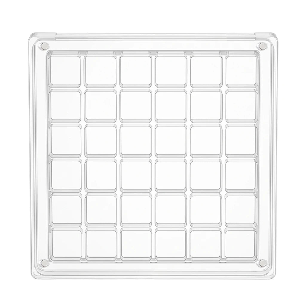 A clear acrylic magnetic seashell display box with a grid of compartments.