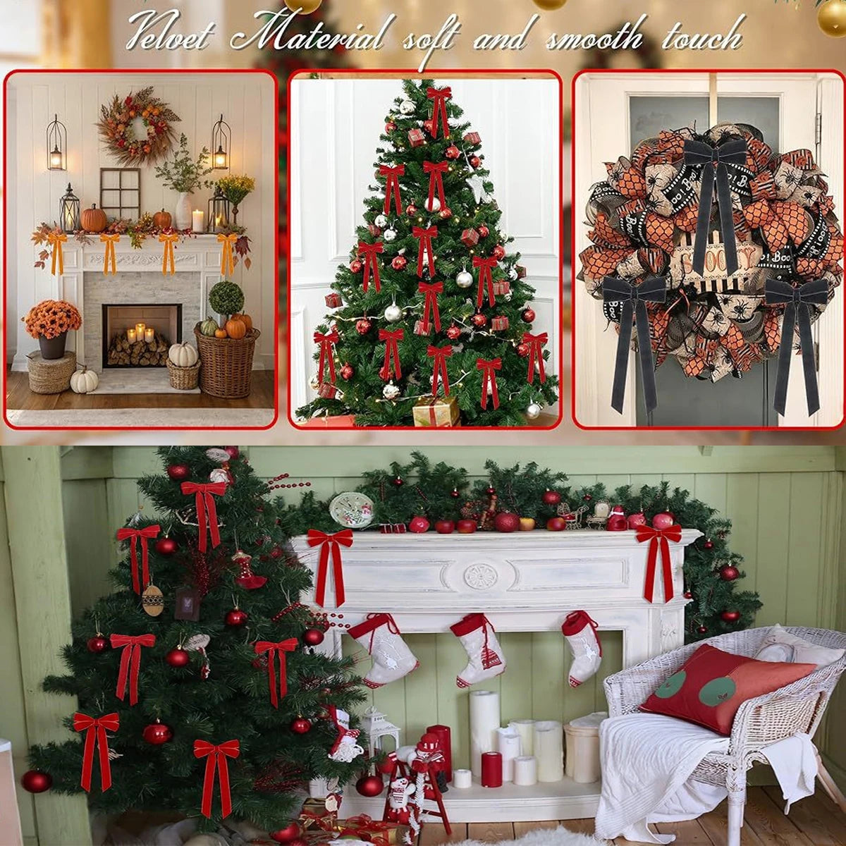 Velvet Christmas bows and ornaments decorating a festive holiday tree and wreath on a mantelpiece