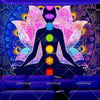 A vibrant tapestry featuring a silhouette of a person with glowing chakra points and large, iridescent wings against a dark b