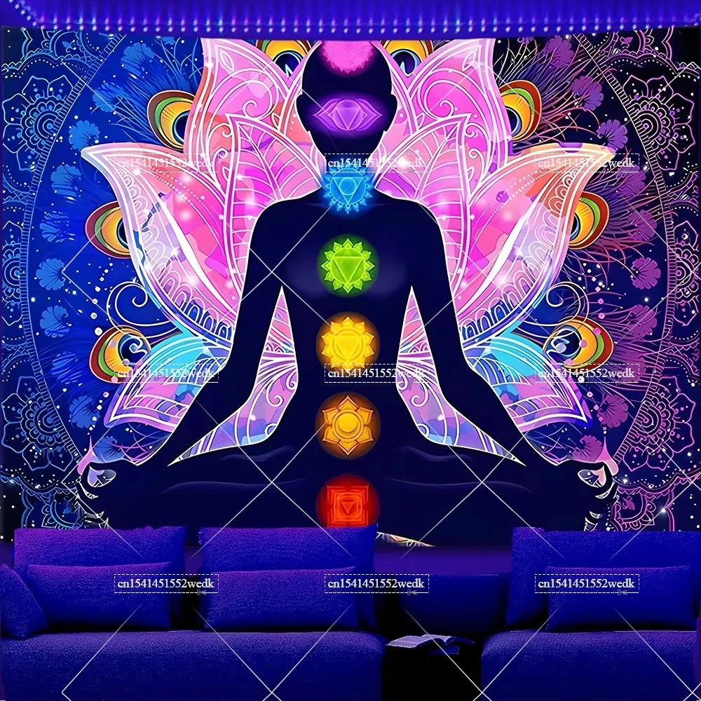 A vibrant tapestry featuring a silhouette of a person with glowing chakra points and large, iridescent wings against a dark b