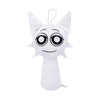 A white plush toy shaped like an alien face with large black eyes and pointed ears.