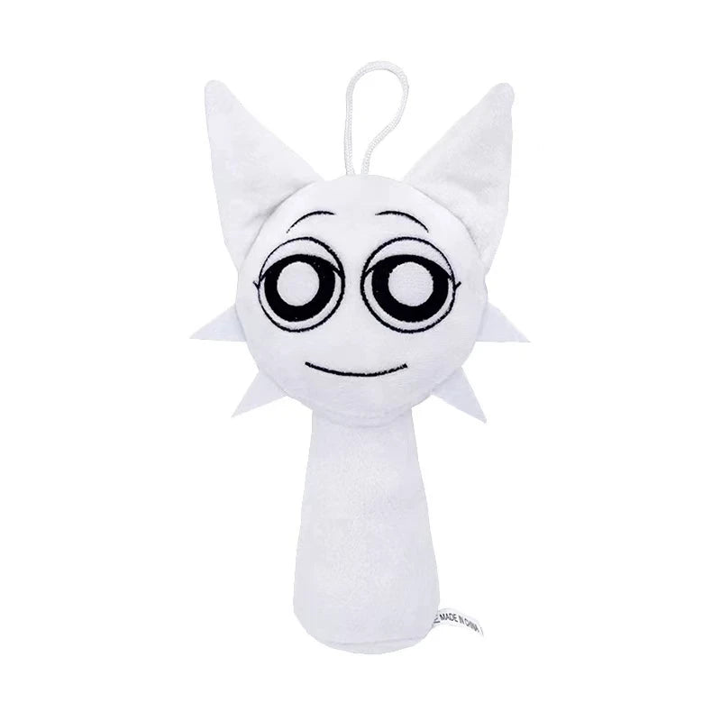 A white plush toy shaped like an alien face with large black eyes and pointed ears.