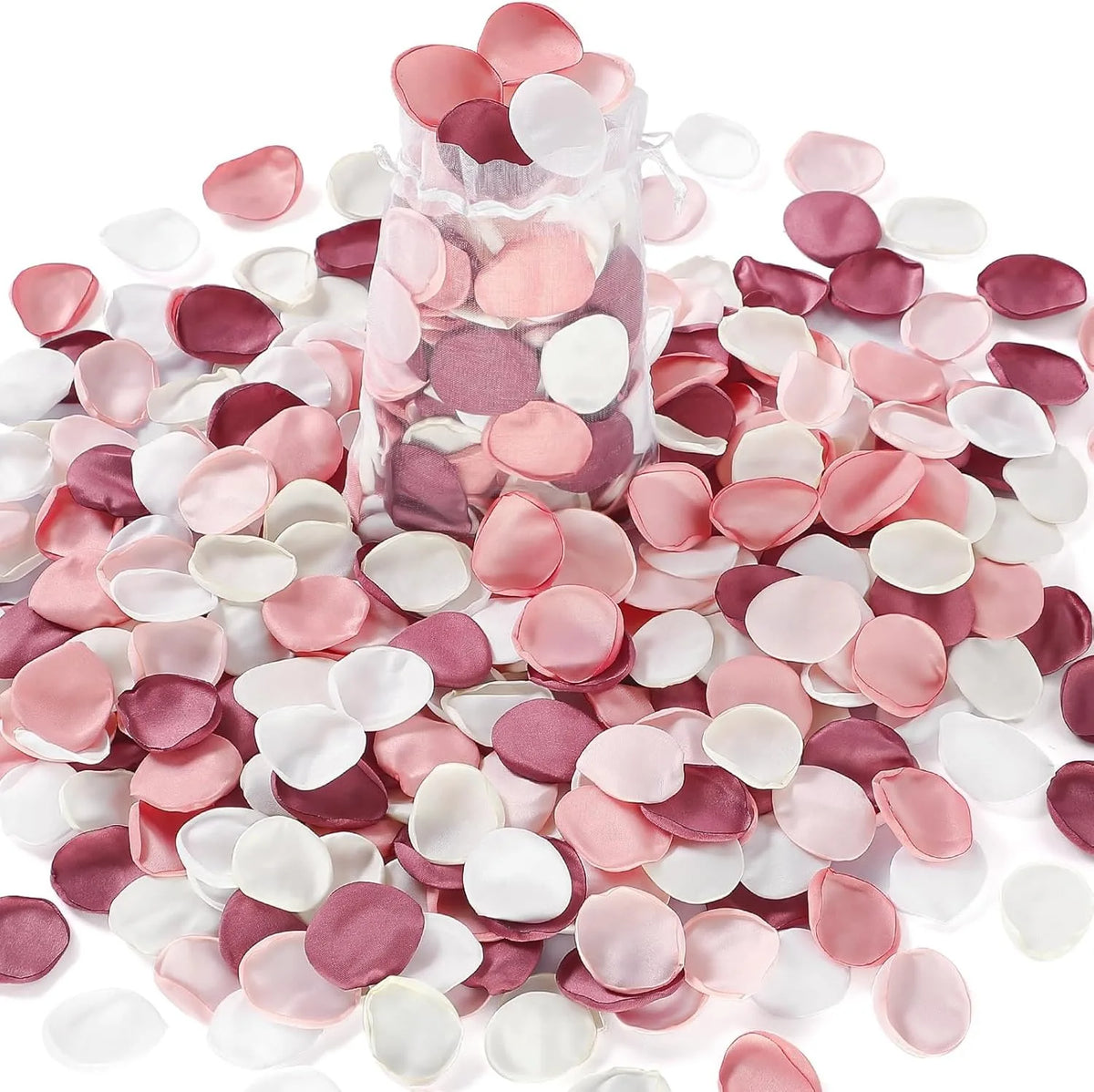 Jarrón de vidrio lleno de pétalos de flores de seda rosa y blanco para decoración del hogar y bodas