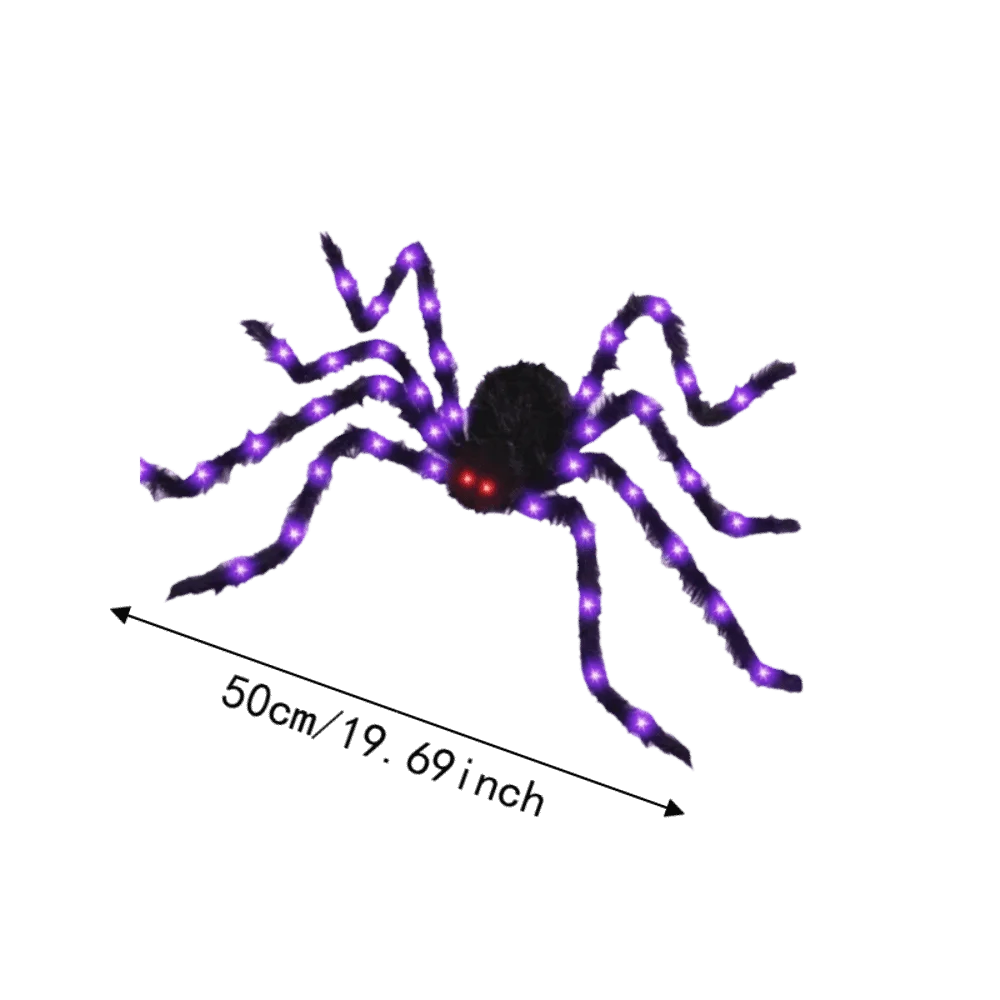 A light-up, furry Halloween spider decoration with purple glow.