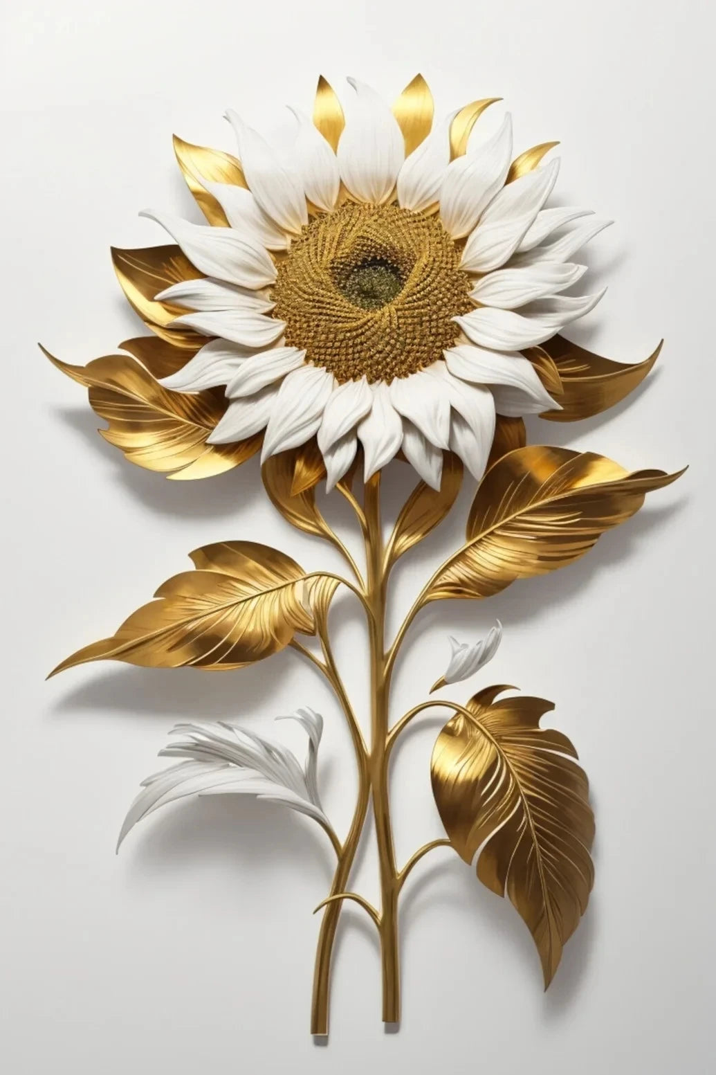 Obra de arte de pared con un gran girasol de pétalos blancos y centro dorado, rodeado de hojas doradas sobre un fondo claro