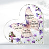 Inspirational heart-shaped acrylic desk decor featuring a purple butterfly and floral design with Bible verses.