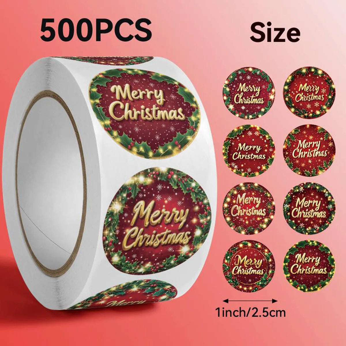 A roll of 500 festive Christmas wreath stickers in red and green designs for gift wrapping and card decoration.